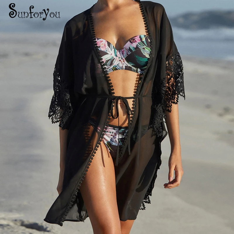 

New Chiffon Lace Beach Cover up Beach Kaftan Swim Cover up Pareo Beach 2019 Bathing suit Cover ups Beach Cardigan Plus size Cove