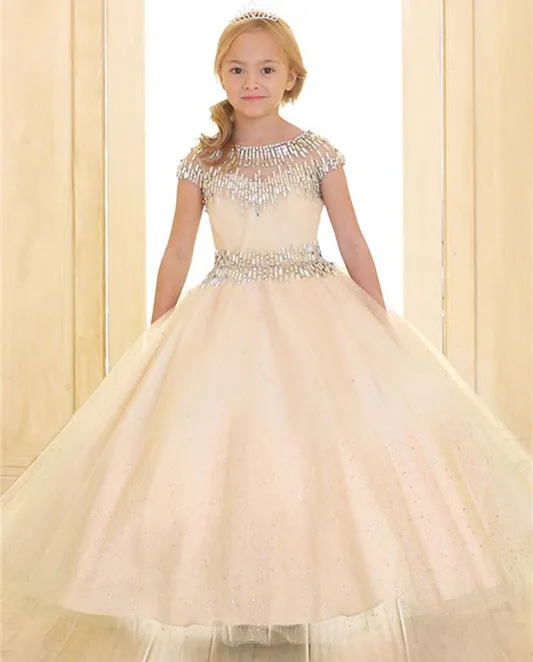 

New 2018 Ball Gown Ankle Length Crystals Beading Puffy Tulle Girls Pageant Gown Any Size