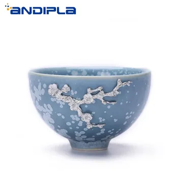 

60ml Japanese Silver Decorate Plum Teacup 999 Sterling Silver Inlay Master Cup Tea Bowl Teaware Drinkware Vintage Home Decor