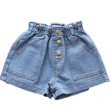 Джинсовые шорты для девочек г. Новые летние однотонные джинсовые шорты с тремя пуговицами и большими карманами для девочек