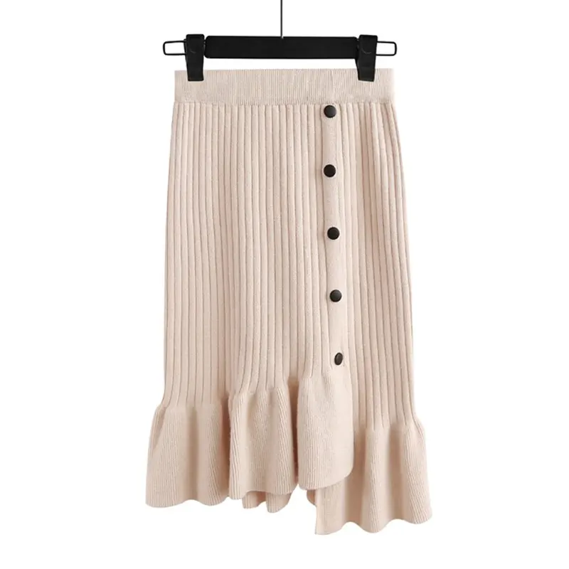 GIGOGOU, винтажные женские юбки, высокая талия, эластичная лента, длинная трикотажная юбка, ассиметричная, Русалочка, толстый теплый свитер, юбка, Осень-зима - Цвет: Apricot JMH-LX126
