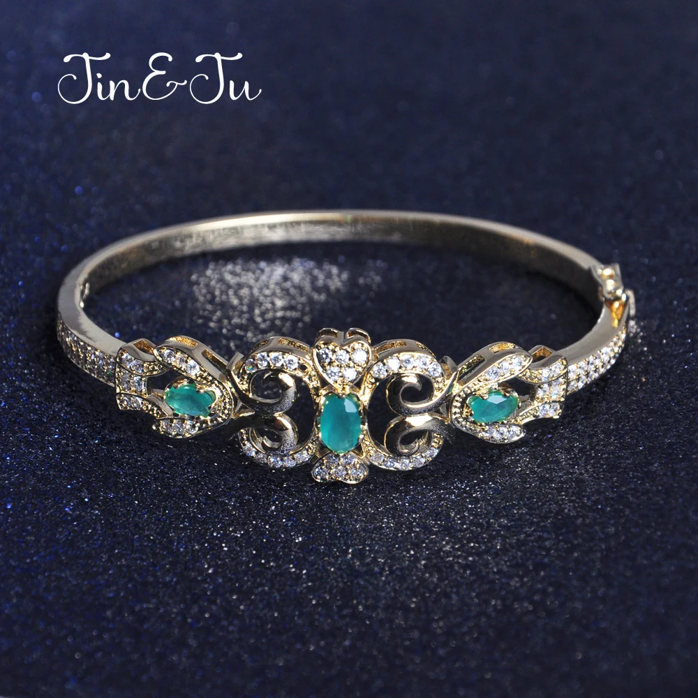 Женский браслет из ротанга и фианита JIN & JU зеленый золотой в винтажном стиле с