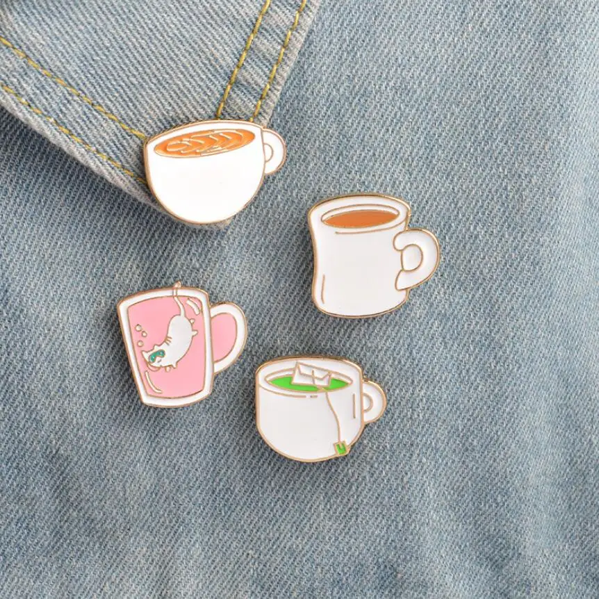 

Jisensp Cartoon Coffee Cup Cat Pattern Brooch Men Collar Pins and Brooches for Women Vintage Brooch Jewelry Lapel Pin Badge