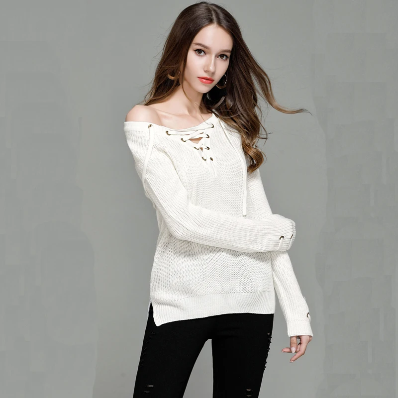 LOSSKY Autumn Winter Pullover Women Jumper O Neck Lace Up Long Sleeve Sweater Female Knitted Jumper Ladies Slim Knit Tops 2018 LOSSKY Autumn Winter Pullover Women Jumper O Neck Lace Up Long Sleeve Sweater Female Knitted Jumper Ladies Slim Knit Tops 2018