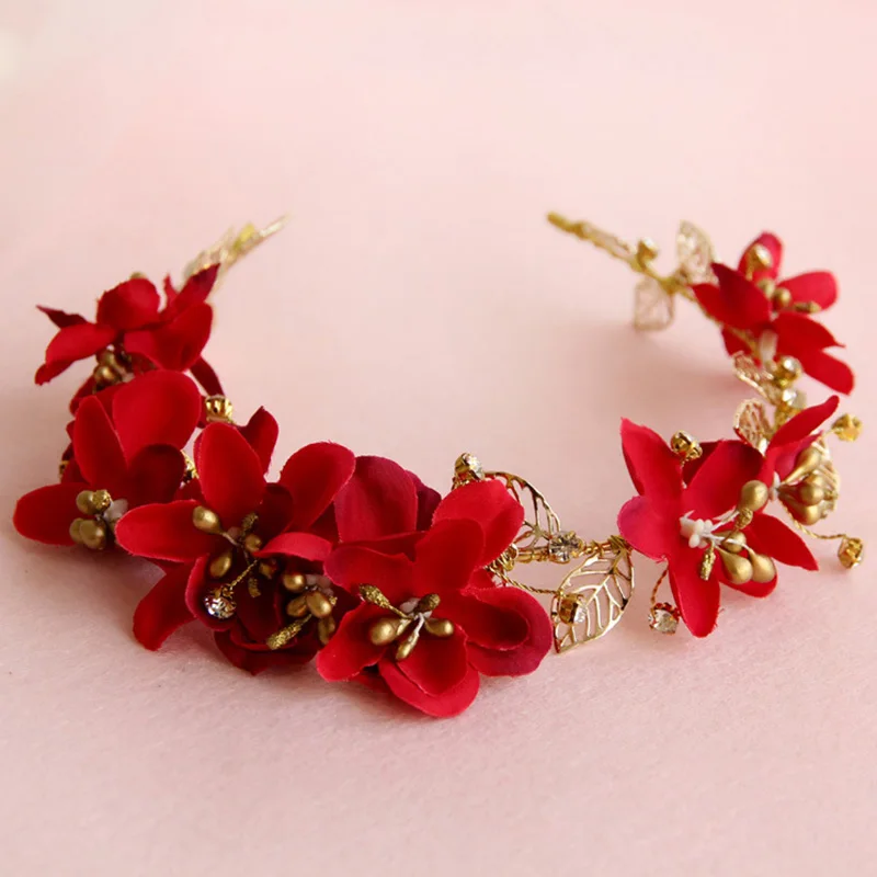 

FORSEVEN Red Flower Bridal Hair Jewelry Gold Hollow Leaf Heaband Charm Bride Tiara Headpiece Pageant Wedding Hair Accessories JL