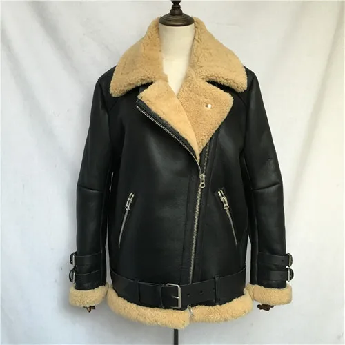 Женская зимняя куртка из натуральной кожи, Женская куртка из натурального овечьего меха, пальто из овчины, куртка из натуральной кожи с отделкой из овчины - Цвет: Black beige fur