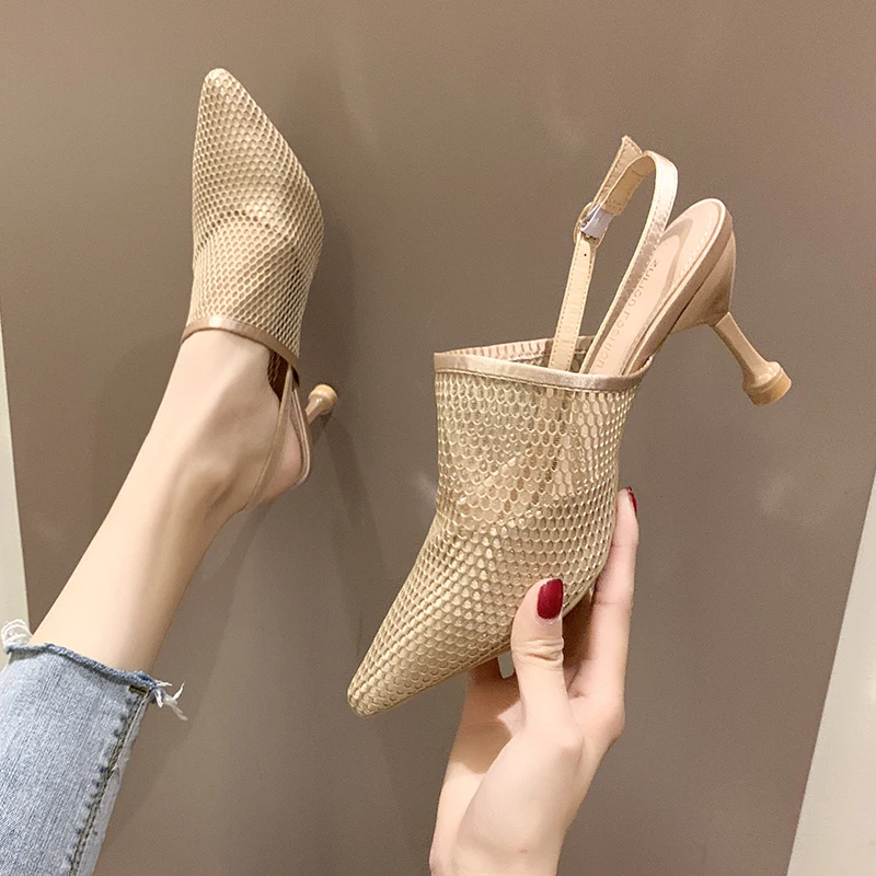 

Slingback Shoes Women Pumps Sexy 7cm Thin High Heels Sandals Women Summer Pointed Toe Lace Upper Stiletto Black Beige 2019 New