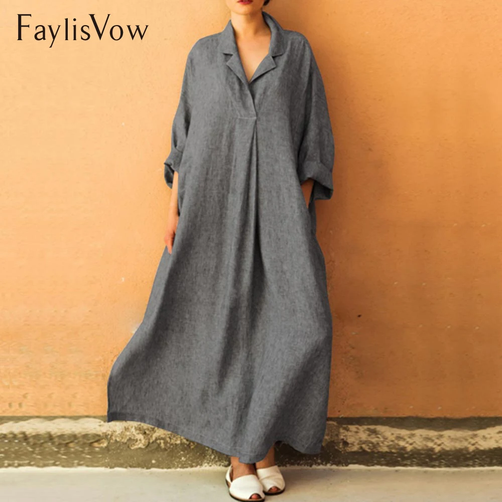 

Women's Vintage Maxi Dresses Large Plus Size Long Sleeve Loose Solid Dress Turn Down Collar Female Elegant Clothes