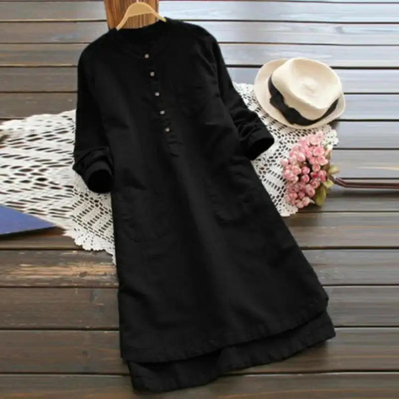 

New Style Buttoned Collar Hem Asymmetric Long Sleeved Long Dress Mandarin Collar Spring Solid Casual Big Close-fitting Dress