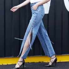 Модные женские джинсовые брюки с разрезом, прямые брюки с завязками, джинсы с высокой талией 9078
