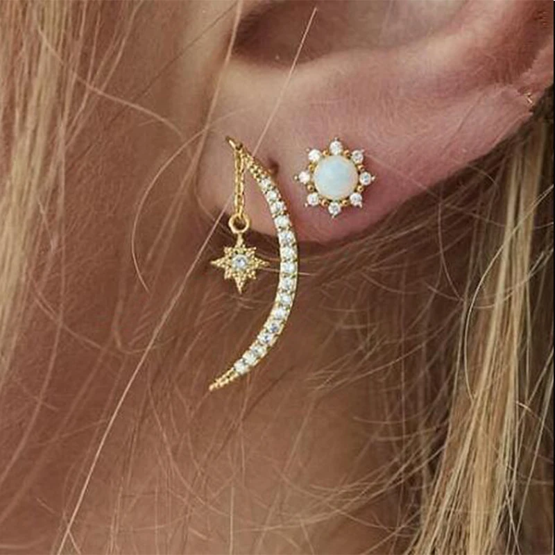 

2 Pcs/ Set Fashion Mosaic Color Crystal Gem Stars Sun Moon Chain Gold Pendant Stud Earrings Set Women Charm Lover Gift