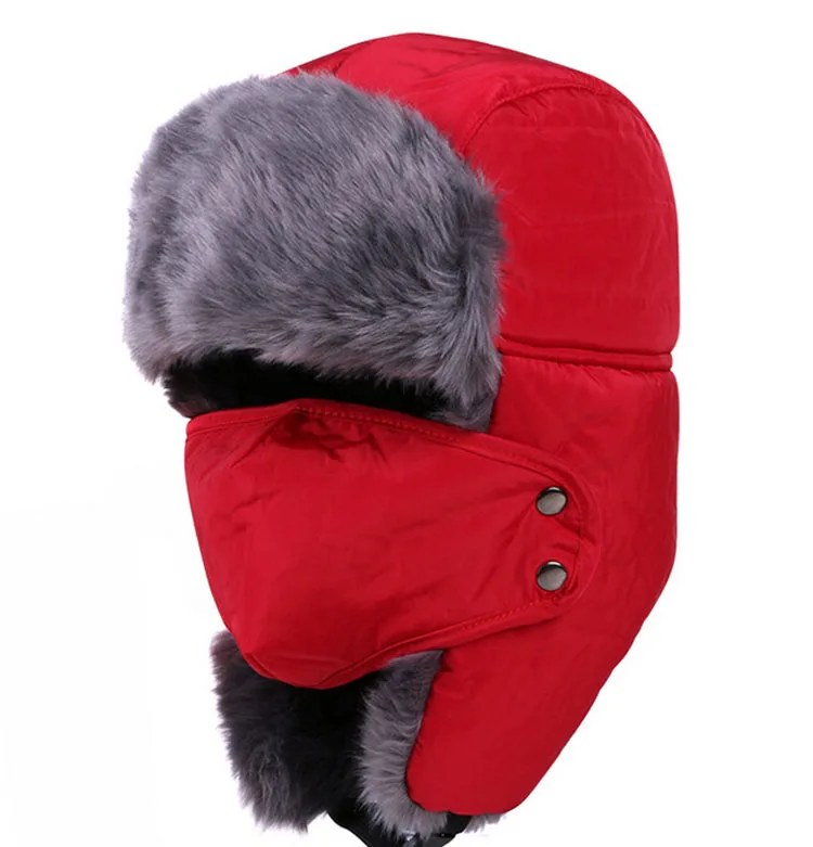 Русские мужские зимние наушники черные меховые шапки-ушанки защищающие от ветра толстые теплые зимние женские шапки маска для лица Мужская велосипедная шапка - Цвет: red 2