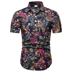 2019 новый летний для мужчин цветок рубашка мода Slim Fit короткий рукав принт Топы корректирующие мужской Гавайская одежда тенденция человек