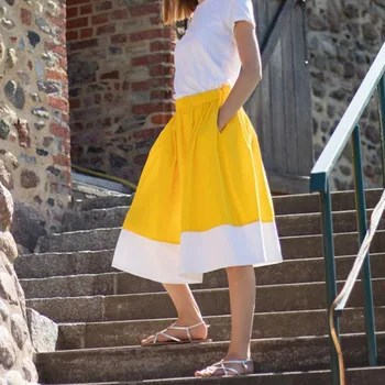 

Yellow And White Women's Skirts A-Line Elastic Waistband Casual Formal Party Skirts Custom Made High Quality Mid-Calf Prom Skirt