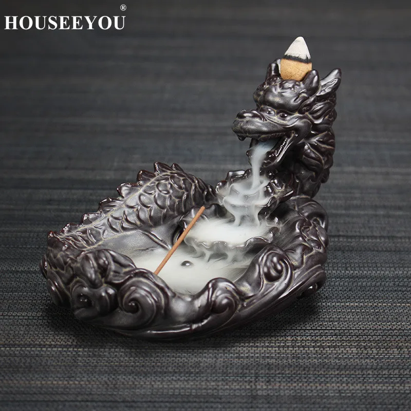 Houseeyou Black Dragon Ceramic Backflow Incense Burner Holder