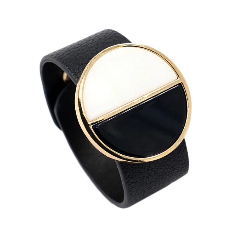

Exaggerated Geometric Big Round Circle Wide Bracelet Alloy Leather Fashion Bracelets Female Black And White