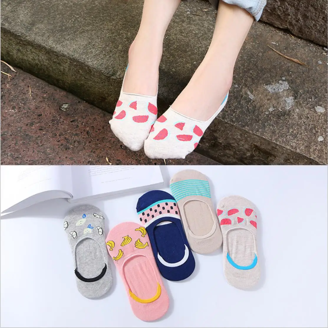 Jeseca 5 Pairs/Lot Women Cotton Sock Cartoon Animal Cute No Show Sock Japanese Kawaii School Student Invisible Non-slip Boat Sox - Цвет: fruits 2