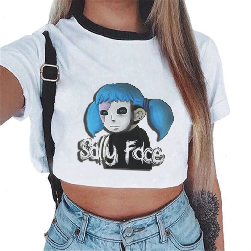 

2019 Summer Fashion Harajuku Sally Face Crop Top Graphic Tees Women Vintage Tumblr Clothes White T Shirt Short Sleeve