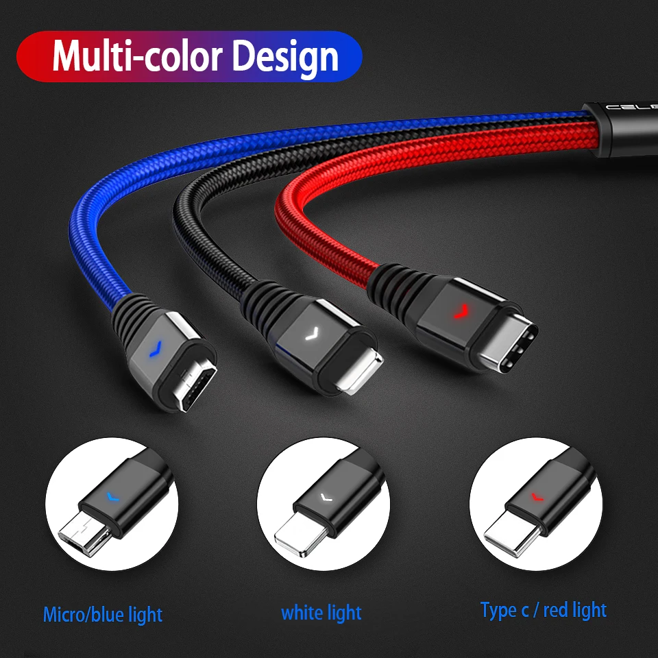 3 в 1 mi cro Usb мульти зарядный кабель Led type C Usb 3в1 Tipo C зарядный Шнур кабель для Xiao mi K20 Pro mi A3 A2 красный mi Note 5 7