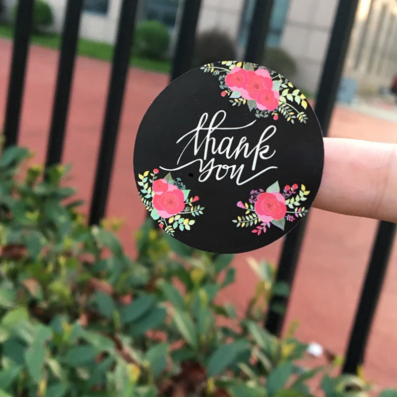 120 шт./лот новые наклейки из крафт бумаги с надписью Thank You и черными цветами для