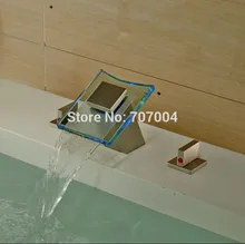 Luxury LED Color Changing Glass Waterfall Spout Basin Vessel Sink Faucet Deck Mount Hot Cold Brushed