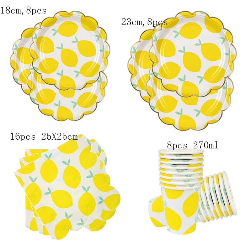 Gold Foil Lemon Paper Plates Cups Napkins Disposable Party Tableware