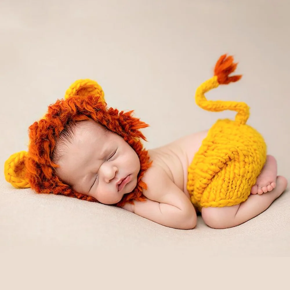 Puseky/вязаные крючком реквизиты для новорожденных; Детский костюм; милый детский костюм со шляпой; комплект одежды для малышей с изображением Льва; аксессуары