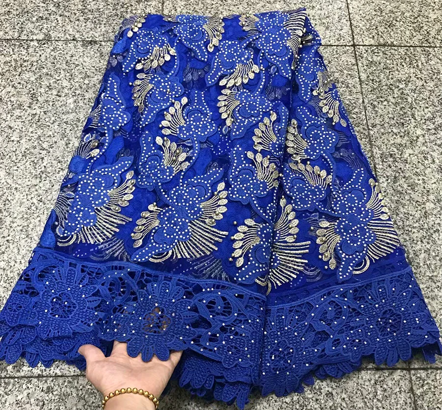 

High quality Royal Blue color lace fabric beaded French lace fabric 5 yards african french tulle lace fabrics for Patry dress