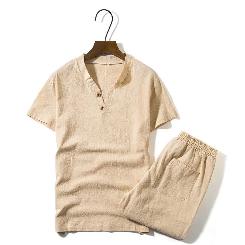

2018 New Men's Linen Sets Short Sleeve Summer Brand Vintage Fit Slim V Neck Casual Linen Suits For Men Fit Slim M~5xl BFM31