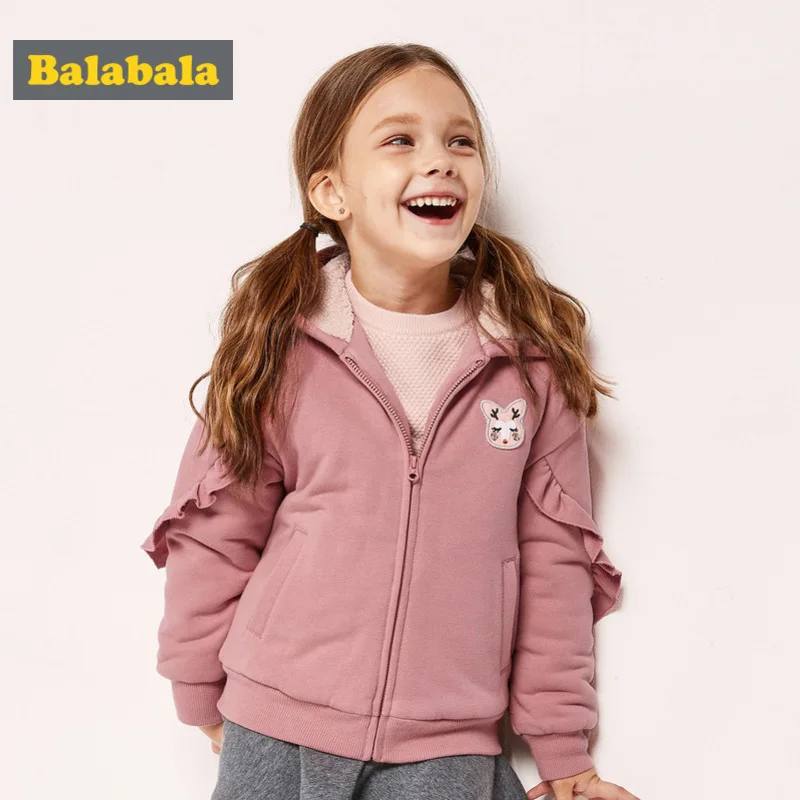 Balabala/куртка с капюшоном на подкладке из хлопка для малышей, Детская куртка на молнии с рукавами с рюшами, с капюшоном на флисовой подкладке, с наклонным карманом
