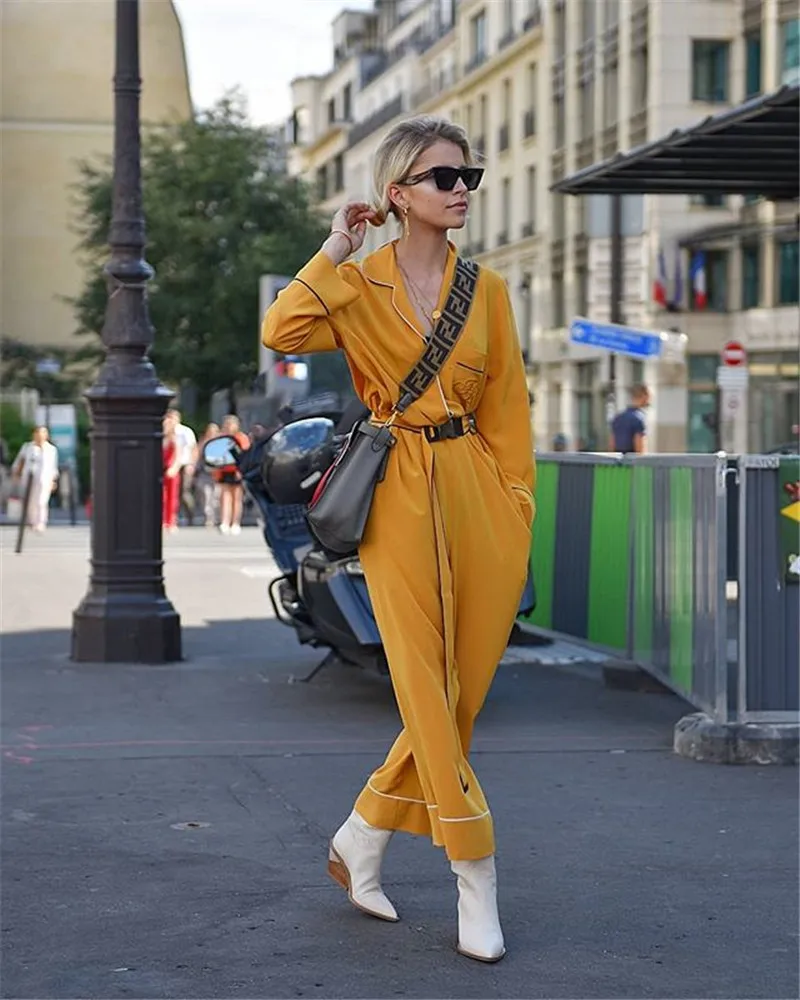 AEL Рыжий желтый свободный Атласный Женский комбинезон на шнуровке контрастного цвета с отворотом модный блогер женская одежда на заказ