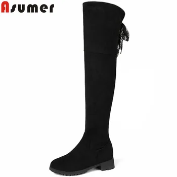 

ASUMER 2020 fashion over the knee boots round toe zip flock autumn winter boots low heels shoes cross tied long boots women