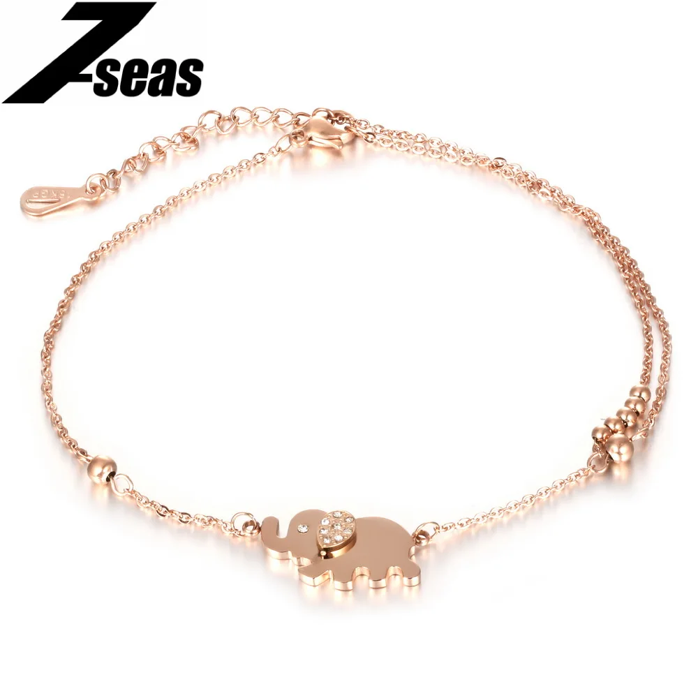 7SEAS 2017 Charm Lucky Elephant Anklet Bracelet Rose Full Steel Gold