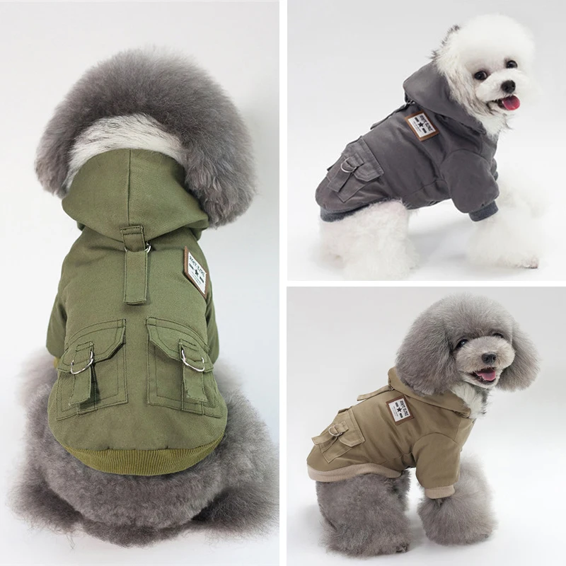 Military Dog Fur Hooded Coat Jackets Winter Warm Pet Clothes for Small