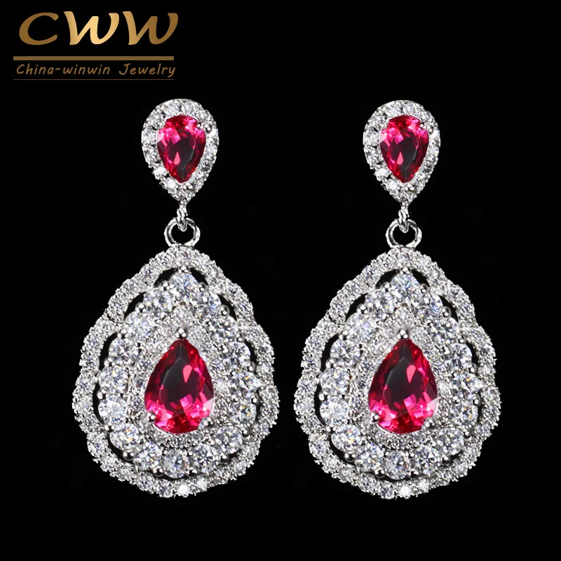 

CWWZircons 3 layers Cubic Zirconia Stone Rose Red Water Drop Crystal High Quality Earring for Women Wedding Bridal Jewelry CZ122