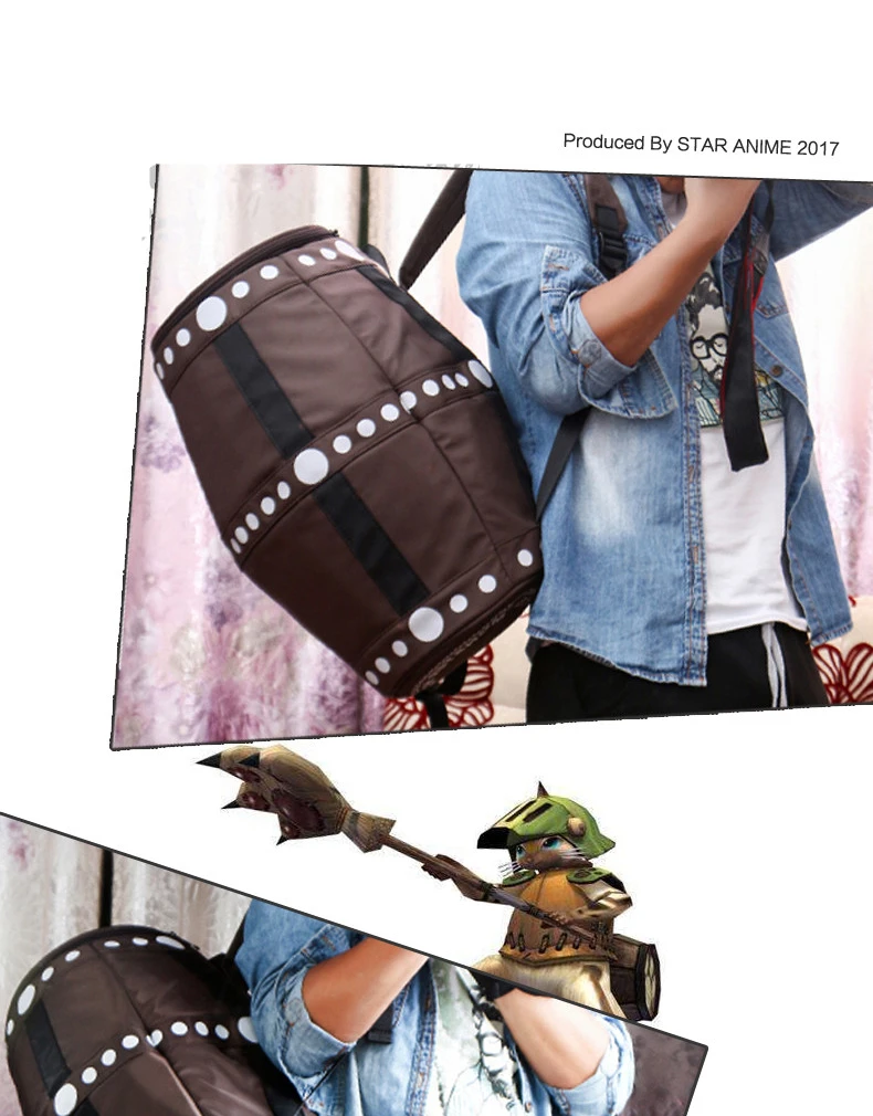 Cosplay&Ware [6]Anime Game Monster Hunter Cosplay Ailu Cat Explosion Barrel Backpack Teenager Student Nylon Zipper Drum Knapsack -Cosplay&Ware anime Shop