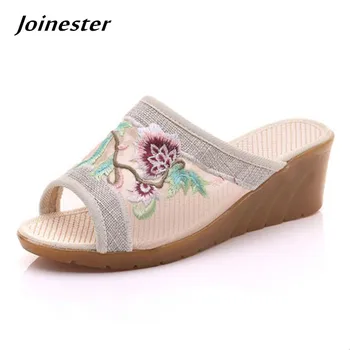 

Air Mesh Open Mouth Summer Slides Slippers Floral Embroidery Breathable Wedges Women Holiday Sandal Retro Ethnic Casual Shoe