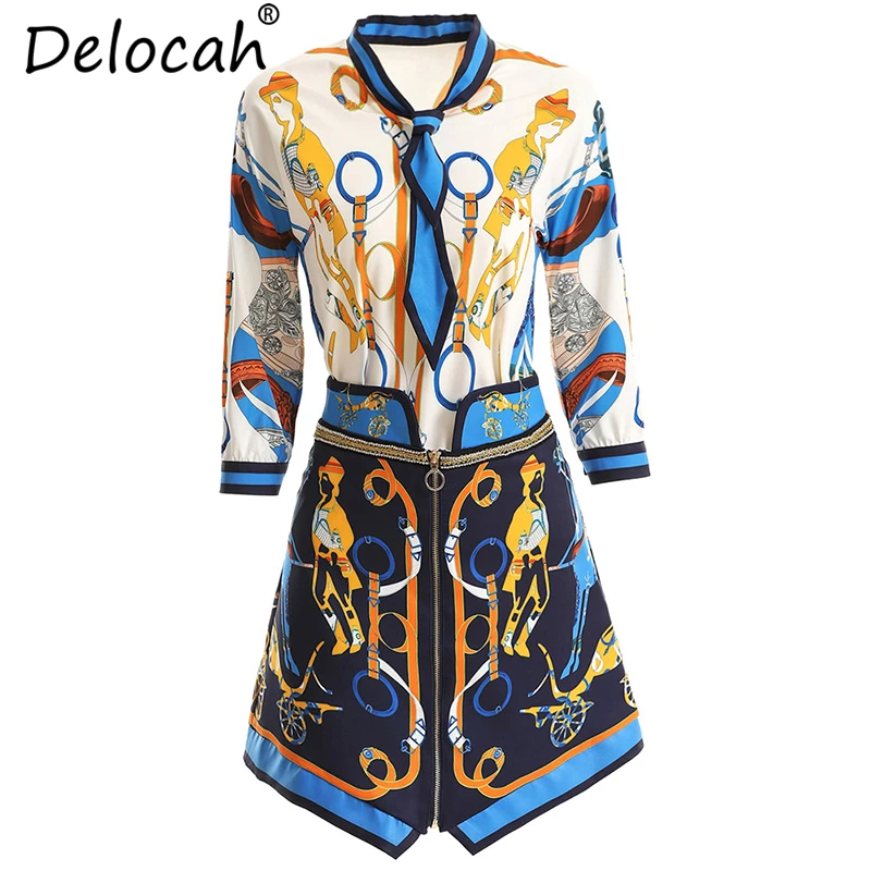 

Delocah Women Spring Summer Vintage Suits Runway Fashion Three Quarter Bow Tie Shirt+Elegant Character Printed Skirt 2Pieces Set