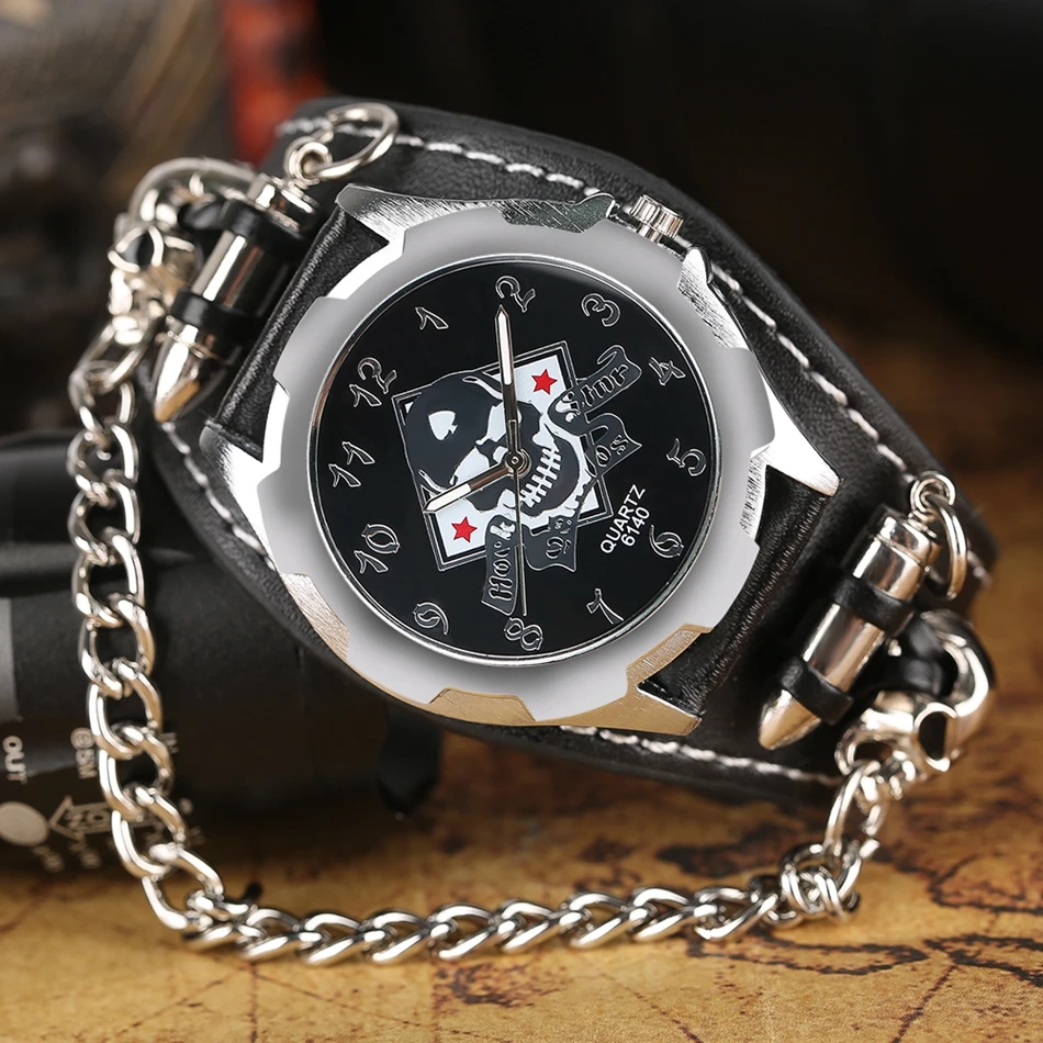 YISUYA Quartz Watch Men Skull Bullet Bracelet Wristwatch Gothic Style Cool Punk Chain Watches Leather Strap Men Dress Xmas Gift (3)
