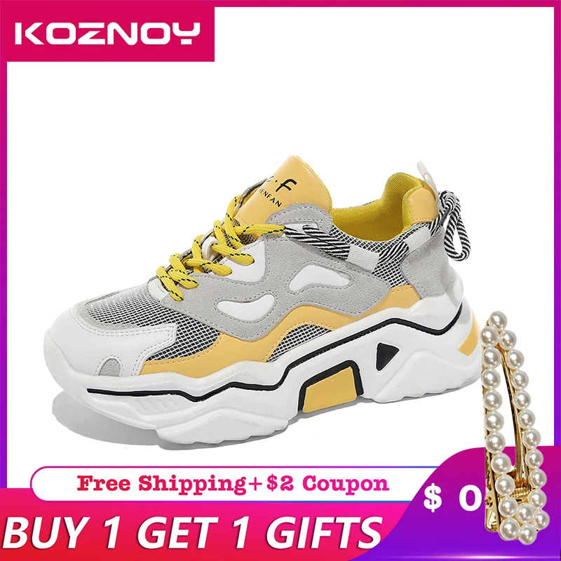 

Koznoy Sneakers Women Spring Flat Bottom Dropshipping Fashion Muffin Bottom Mesh Breathable Round Toe Leisure Women Shoes