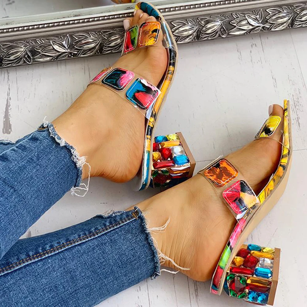 

2019 Brand Large Size 41 Fashion Crystals Square Heels Summer Women Shoes Sandals 2019 Leisure Slippers Shoes Woman