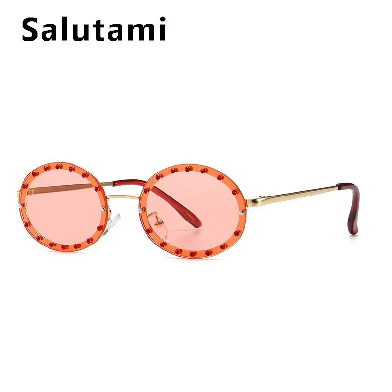 Цельными круглыми кристаллами Рамки Овальные Солнцезащитные очки для Для женщин Элитный Бренд стразы солнцезащитные очки для женщин, винтажные оправы Небольшой Сплав оттенков - Цвет линз: godl pink