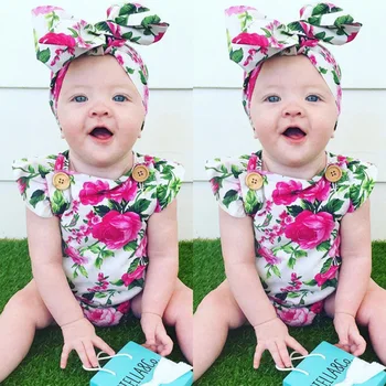 

1pcs bear Baby Clothing Summer Fashion Floral Rompers +headhand Baby Girls Flying sleeve ruffles Flower Jumpsuit Clothes