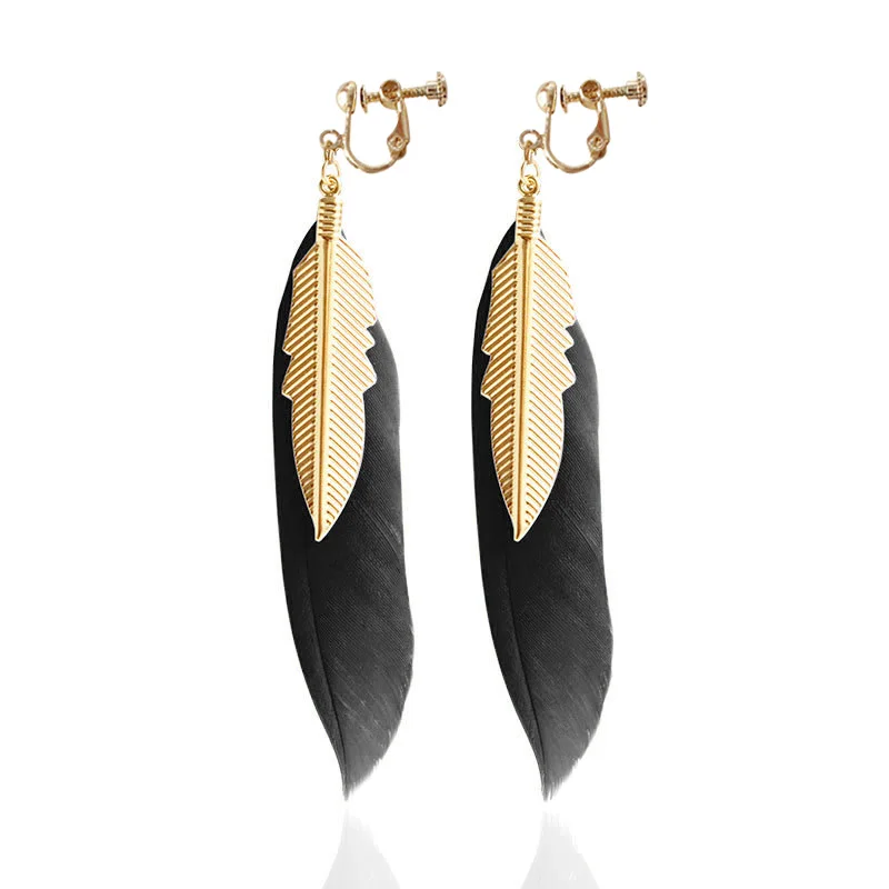 

New Fashion Vintage Black Feather Studs Clip Ear Without Piercing Earings Gold Retro Long Pendant White Earing Jewelry For Women