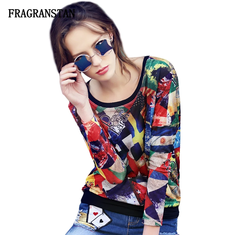 

Female 2018 Spring Autumn New O-Neck Sweatshirts Ladies Fashion National Flag Print Tops High Quality Loose Women Pullovers Q808