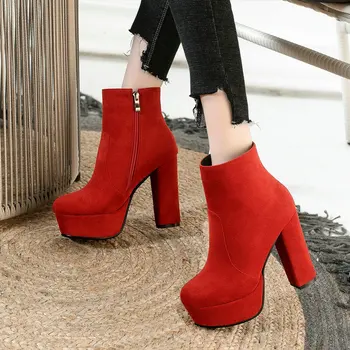 

2020 Summer High Heel Platform Ankle Boots Women Flock leather Boots Woman Round Toe Thick Heel Short Boots Winter Boots