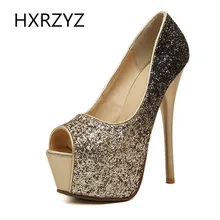 Brand HXRZYZ spring/summer fashion Platform 15cm super High Heel sexy peep toe thin heel Shoes Women bling Color gradient Pumps