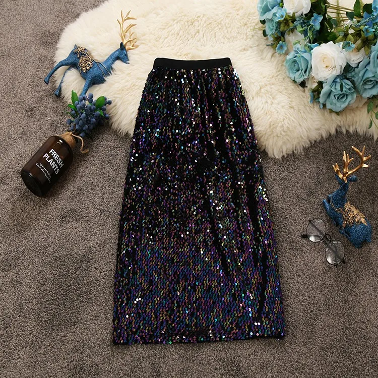 HISUMA 2021 autumn winter new women's chic sequines shiny package hip skirts female high waist vintage bling pencil skirt white tennis skirt