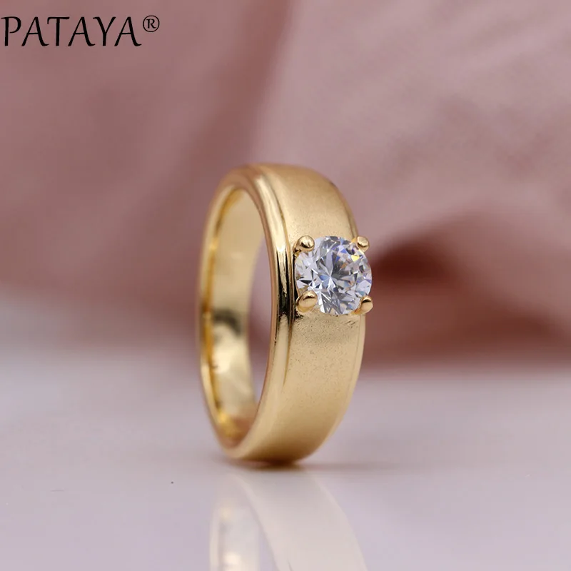 PATAYA New Women Simple Noble Rings 585 Rose Gold Color Round Natural