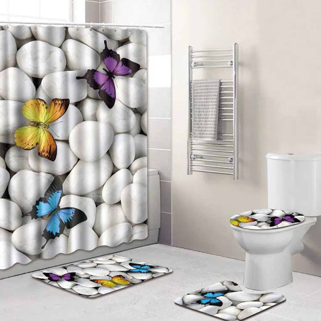 4 шт. Морской стиль Нескользящие Туалет полиэстер крышка коврик набор Ванная комната Душ шторы Mar#19 - Цвет: C